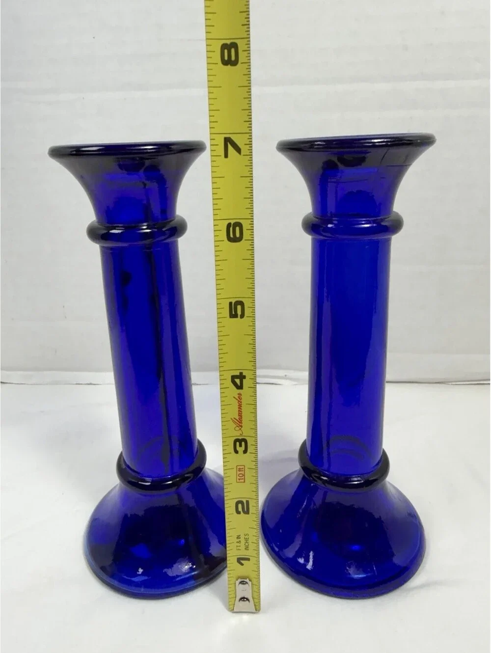 Vintage Imperial Glass Cobalt Blue Taper Candlestick Holders Mid Century Pair